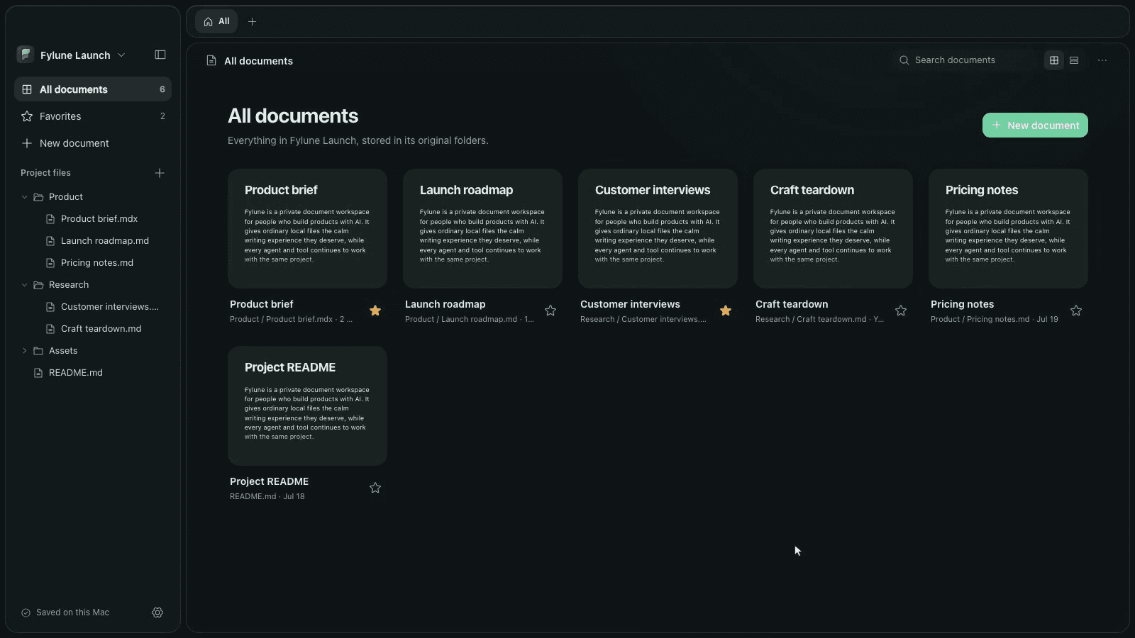Fylune desktop editor with a Markdown document and local project navigation