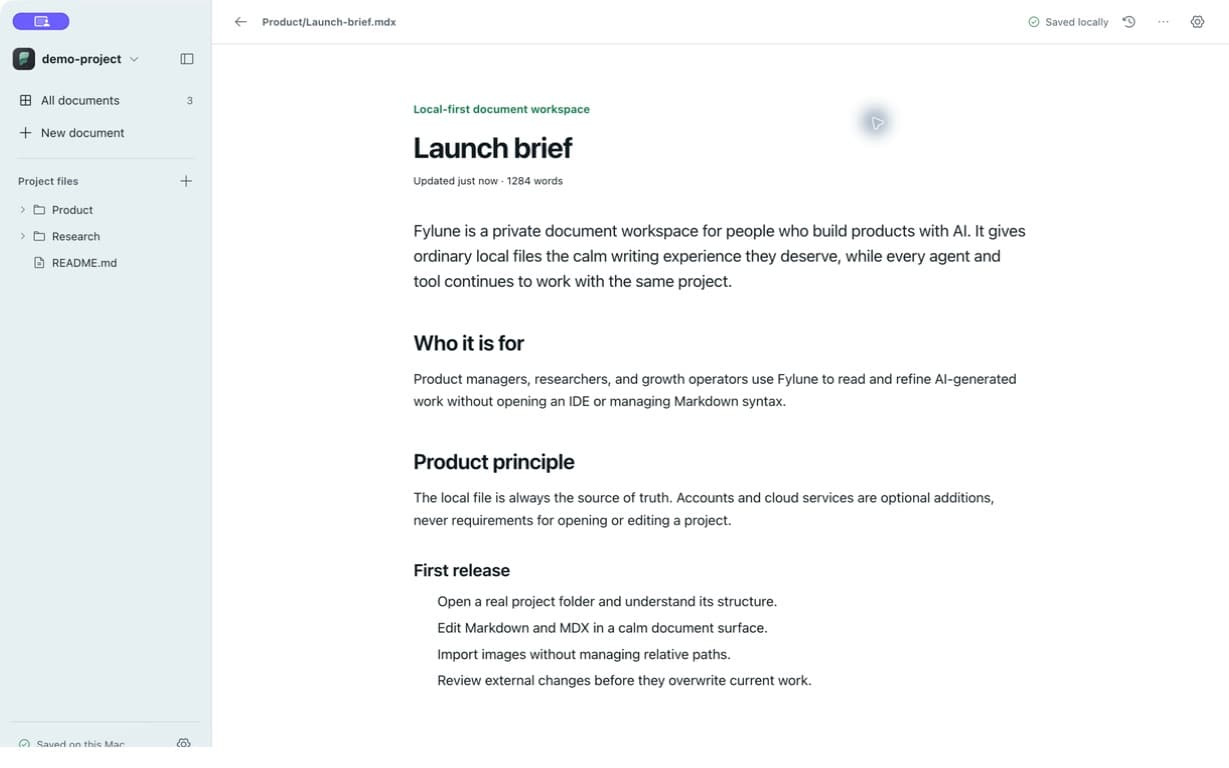 The real Fylune editor showing a local project tree beside an open Markdown document