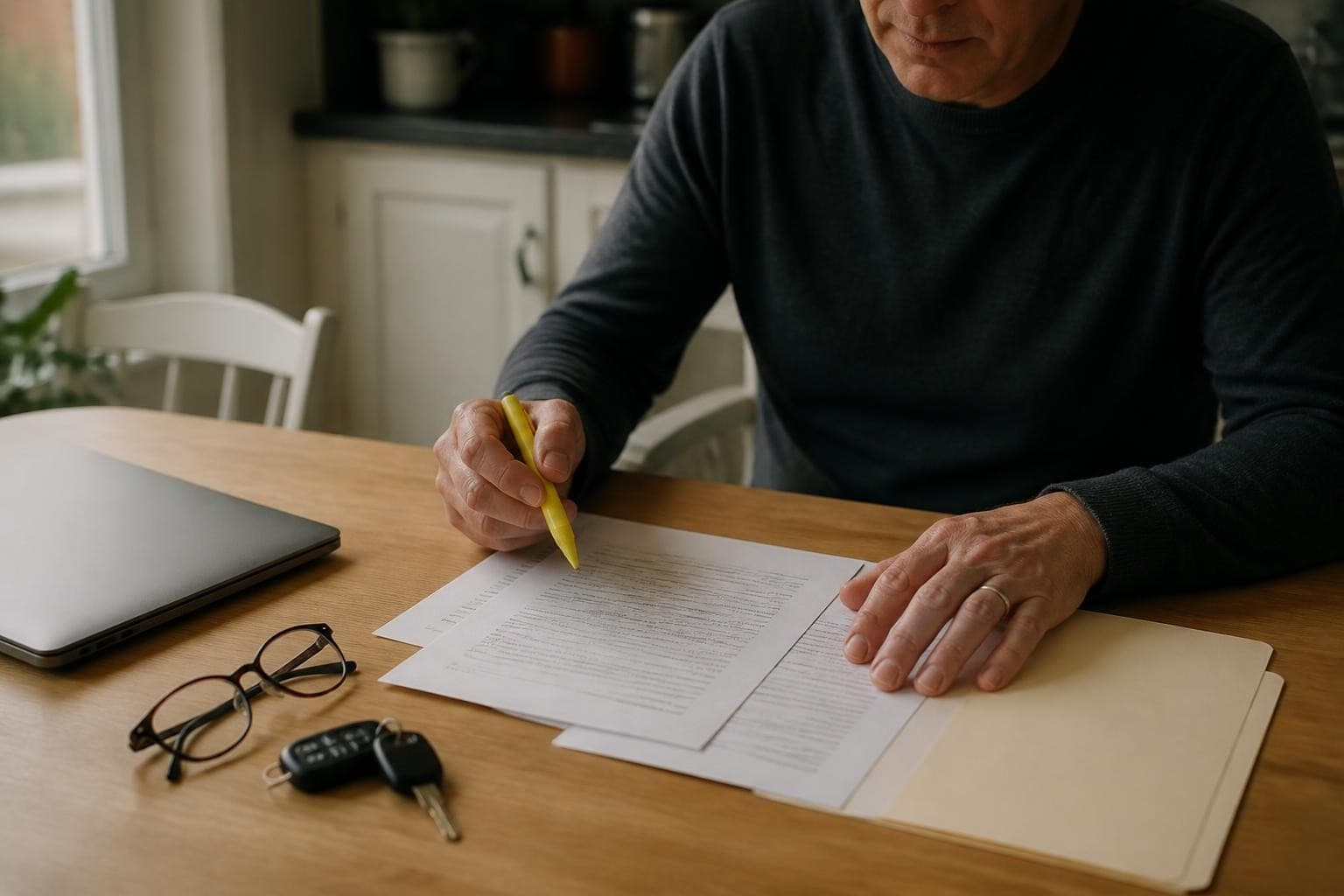 A person at a kitchen table reviewing vehicle ownership paperwork beside a closed laptop before a county tax office visit, with car keys, reading glasses, and a highlighter on the table; an illustrative editorial scene, not an official document.