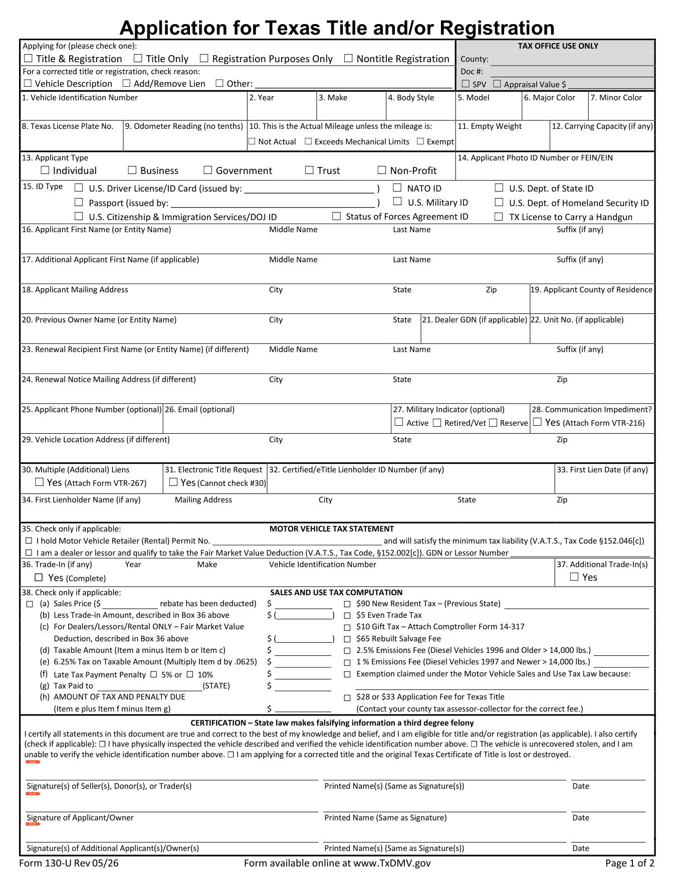Page 1 of the official Texas Application for Title and/or Registration (Form 130-U, Rev 05/26) from TxDMV, showing the numbered fields for vehicle description, applicant and previous owner, lienholder, and the sales and use tax computation.