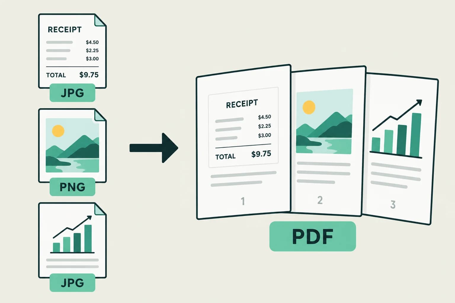 Tres imágenes JPG y PNG se convierten en tres páginas ordenadas de un PDF.