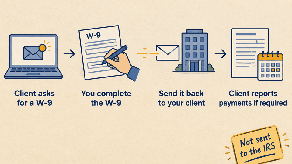Diagram of the W-9 return route: client asks, you complete it, send it back to your client, client reports payments if required, and a note that it is not sent to the IRS