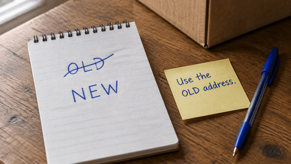 A notepad showing OLD crossed out above NEW, next to a sticky note reading Use the OLD address, on a desk beside a moving box