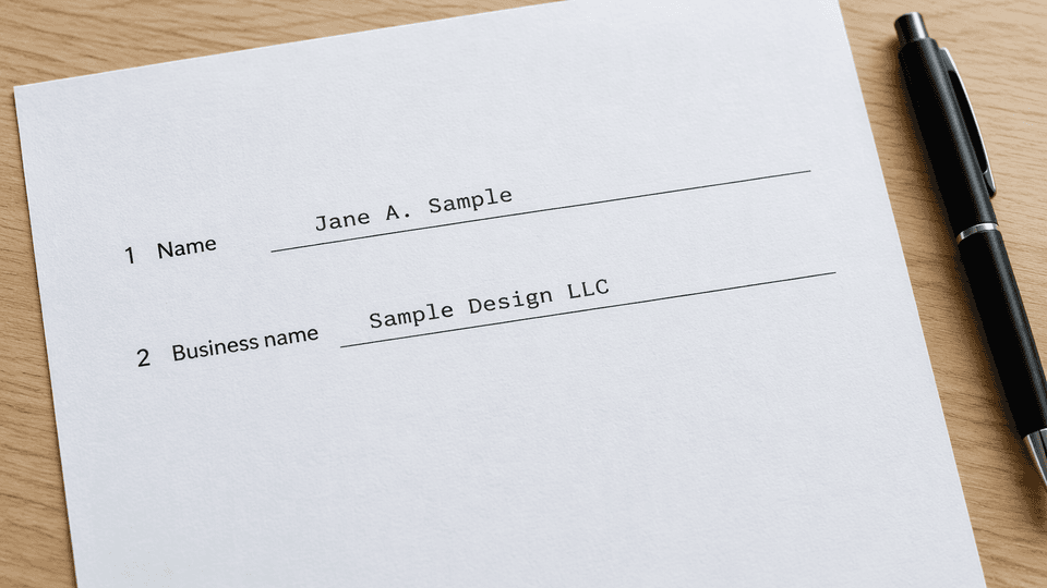 Close-up of a W-9 example showing the owner's name Jane A. Sample on line 1 and the business name Sample Design LLC on line 2