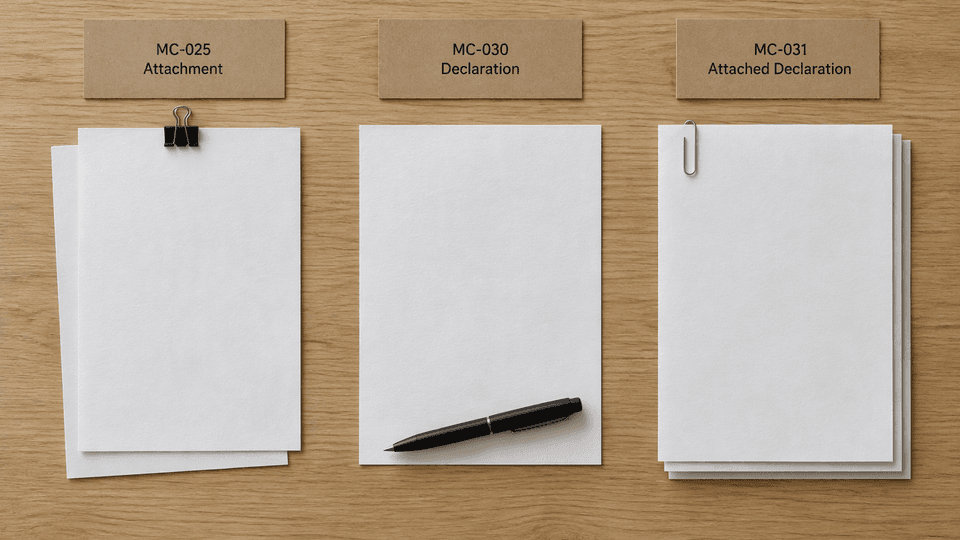 Three labeled groups of paperwork stand for MC-025, MC-030, and MC-031 on an oak table