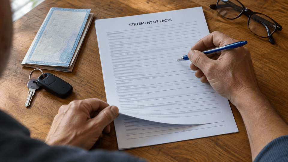 A California vehicle owner pausing with a pen over a two-page DMV Statement of Facts packet at a kitchen table, deciding which section to complete