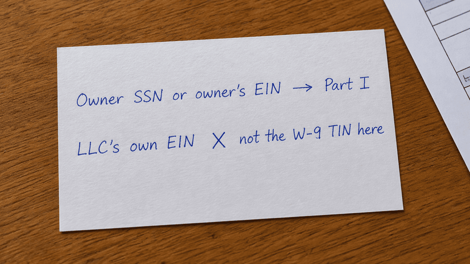 A handwritten decision card contrasting the owner SSN or owner EIN that belongs in Part I of the W-9 against the LLC's own EIN, which is not the W-9 TIN for a disregarded single-member LLC