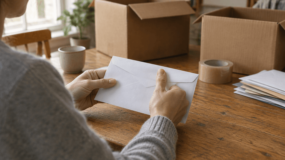 A person sealing a white envelope at a kitchen table on moving day, with open cardboard moving boxes beside them