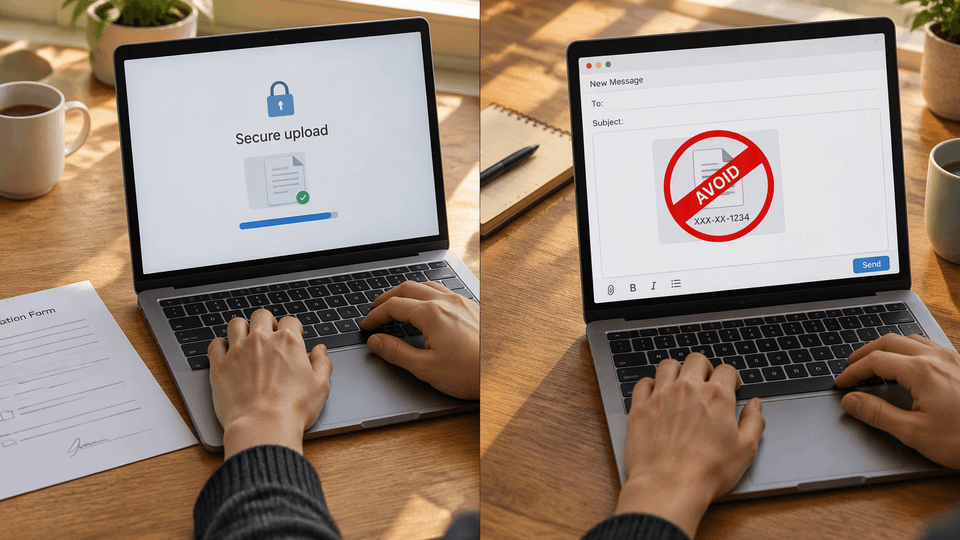 Split scene comparing a secure client portal upload of a W-9 with a red avoid mark over an unencrypted email containing a masked SSN