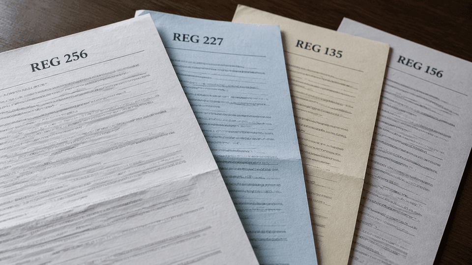 Four separate California DMV form sheets, each marked only with its form number, fanned on a wooden desk