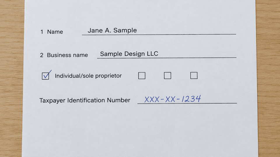 Simplified fictional worksheet showing the disregarded single-member LLC W-9 mapping: Jane A. Sample on line 1, Sample Design LLC on line 2, the Individual/sole proprietor box checked, and the masked owner TIN XXX-XX-1234