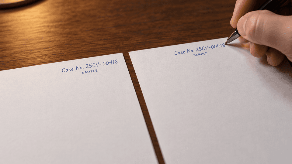 A close-up of the same sample case number being copied by hand onto two sheets of paper