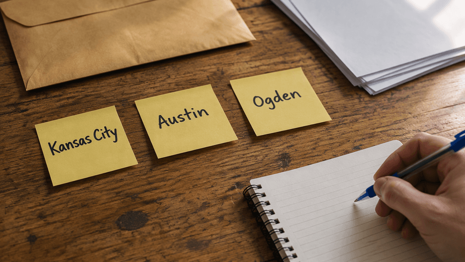 A hand writing on a desk pad beside three labeled sticky notes for Kansas City, Austin, and Ogden, showing the choice of IRS mailing destination