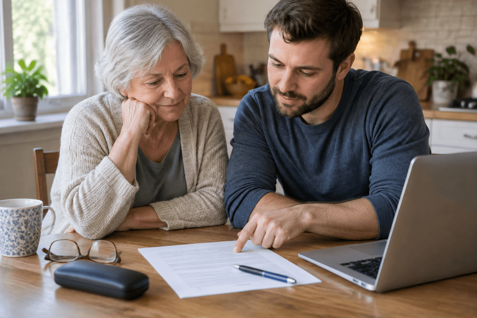 An older adult and her son sit at a kitchen table reviewing a single printed one-page application together, with a pen on the paper and a laptop open beside them.
