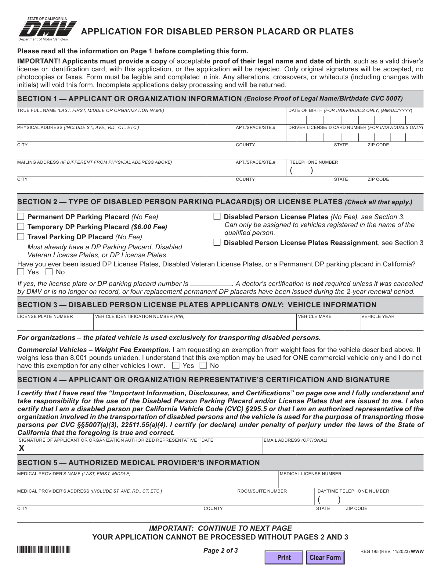 Rendering of the official California DMV REG 195 form, page 2, showing Sections 1 through 5: applicant information, placard or plate type, vehicle information, the applicant signature, and the medical provider's information.
