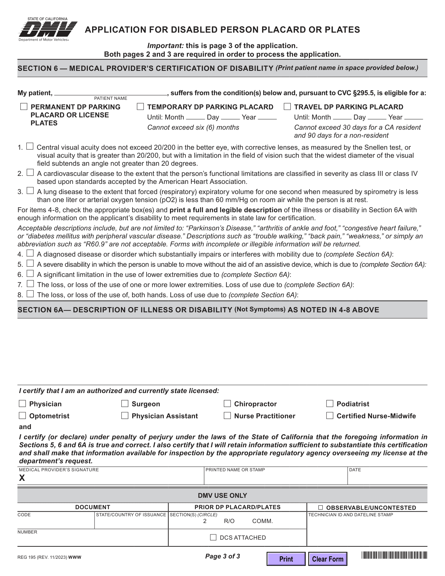 Rendering of the official California DMV REG 195 form, page 3, showing Section 6 and 6A: the medical provider's certification of disability, the qualifying conditions, the description field, and the provider's signature.