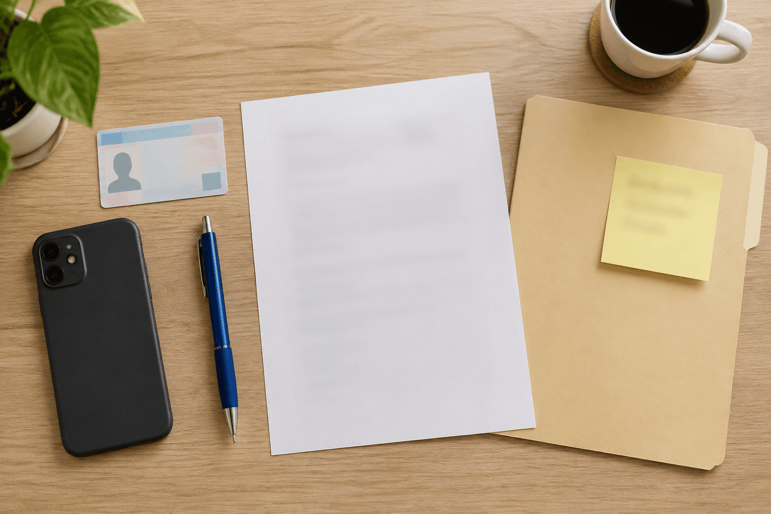 A flat-lay of items to gather before filling a form: a blank ID card, a pen, a phone, a blank sheet of paper, and a folder with a sticky note.