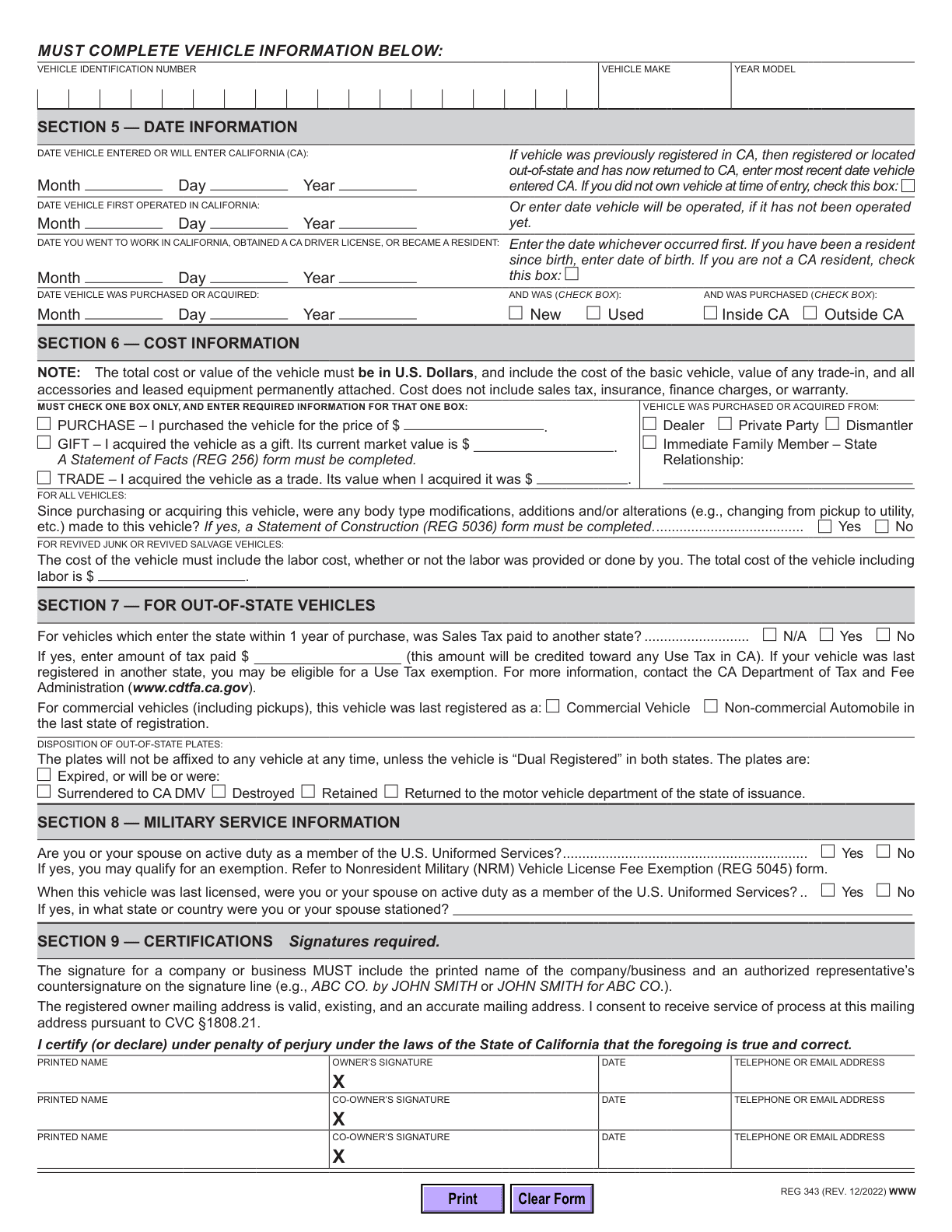 Official blank REG 343 page 2, revision December 2022, showing repeated vehicle identifiers, dates, cost, out-of-state and military questions, and owner certifications.