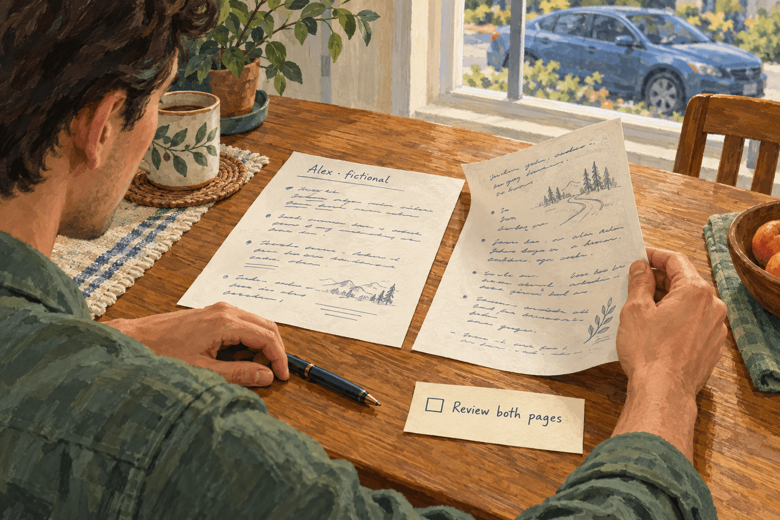Editorial illustration of a fictional vehicle owner turning the second page beside an unchecked Review both pages note.