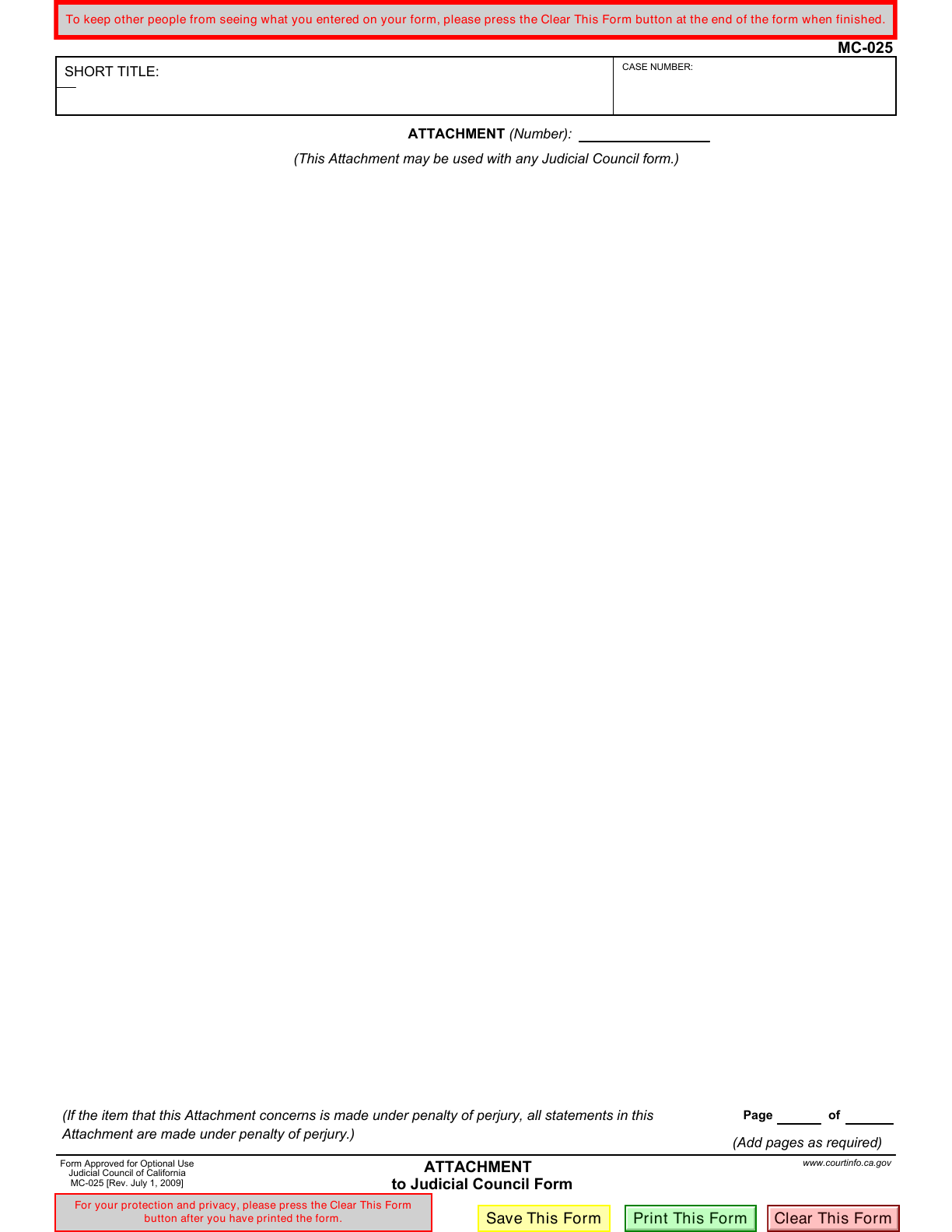 Blank official MC-025 one-page attachment showing case details, attachment number, continuation area and page numbering