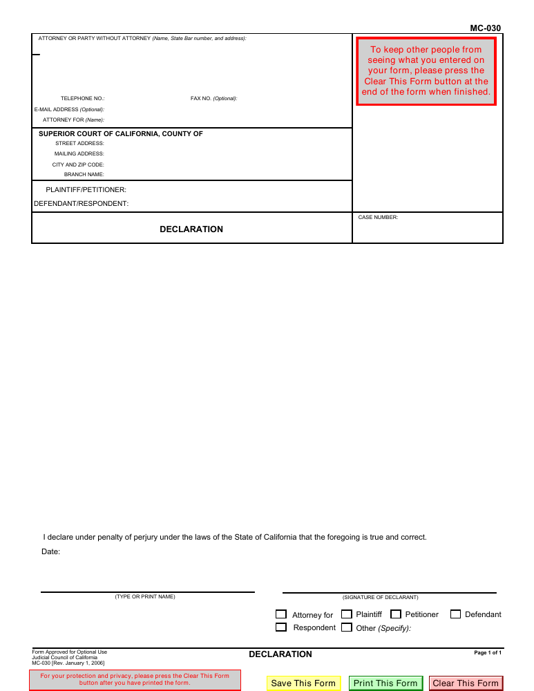 Official MC-030 Declaration PDF with court details, statement area, signature lines and original Save, Print and Clear buttons