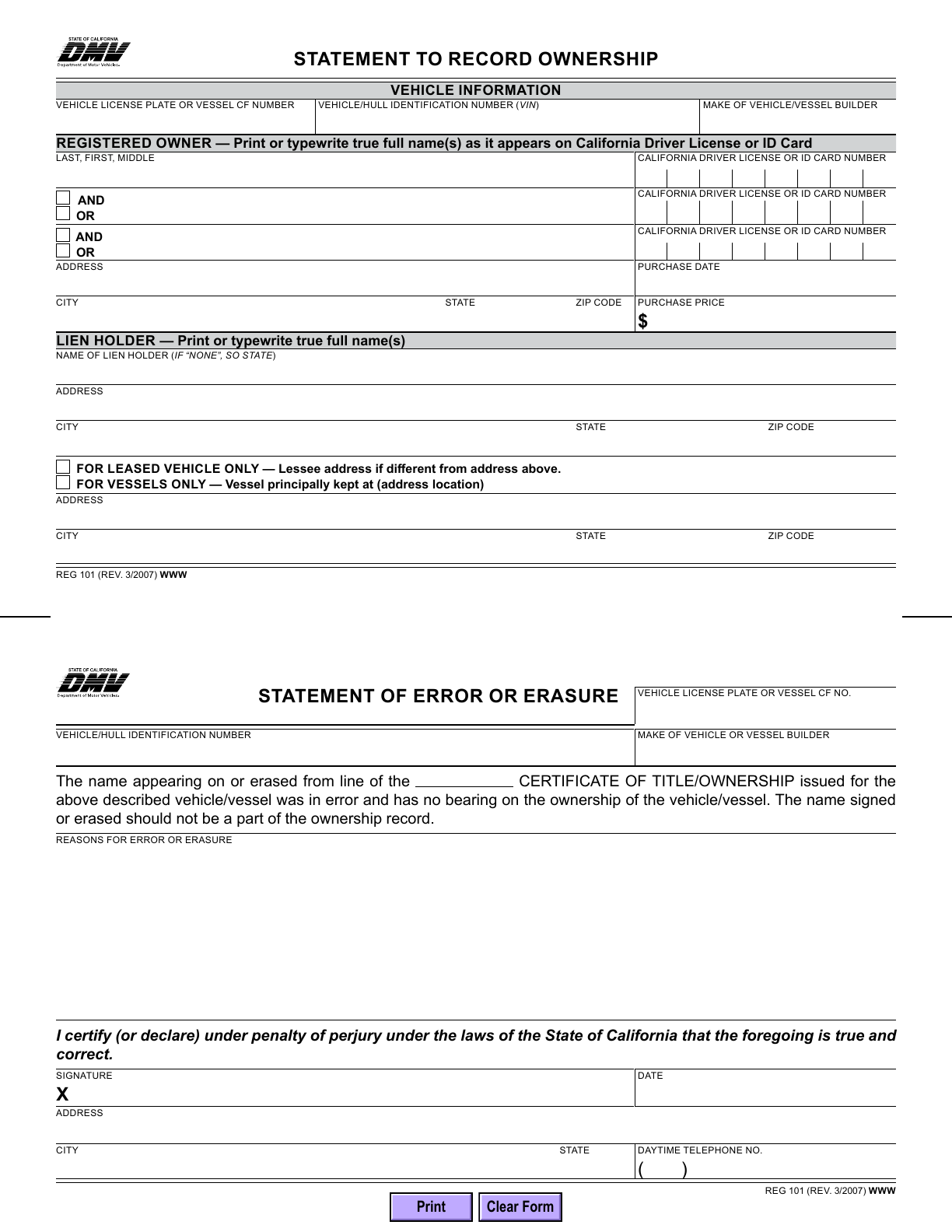 Blank one-page California DMV REG 101 with ownership information above and the statement of error or erasure below