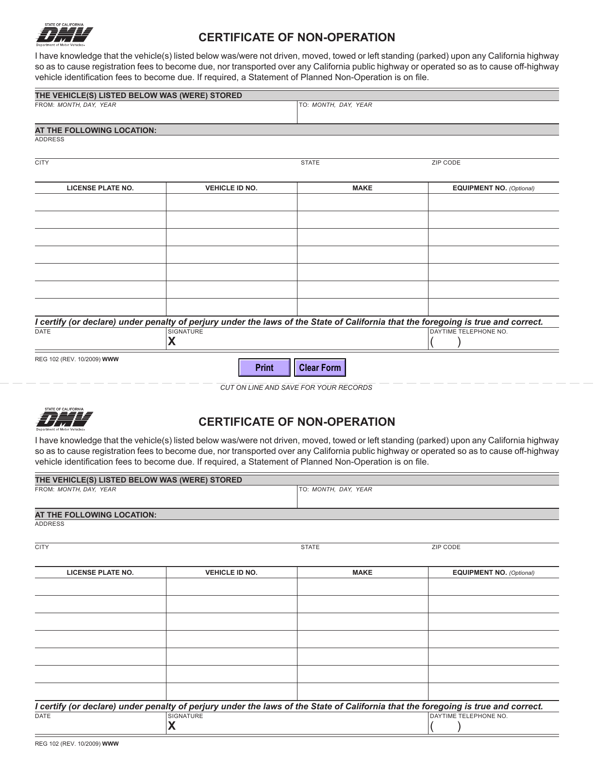 First page of the official blank REG 102 Non-Operation Certification; 2 page(s) in the original PDF