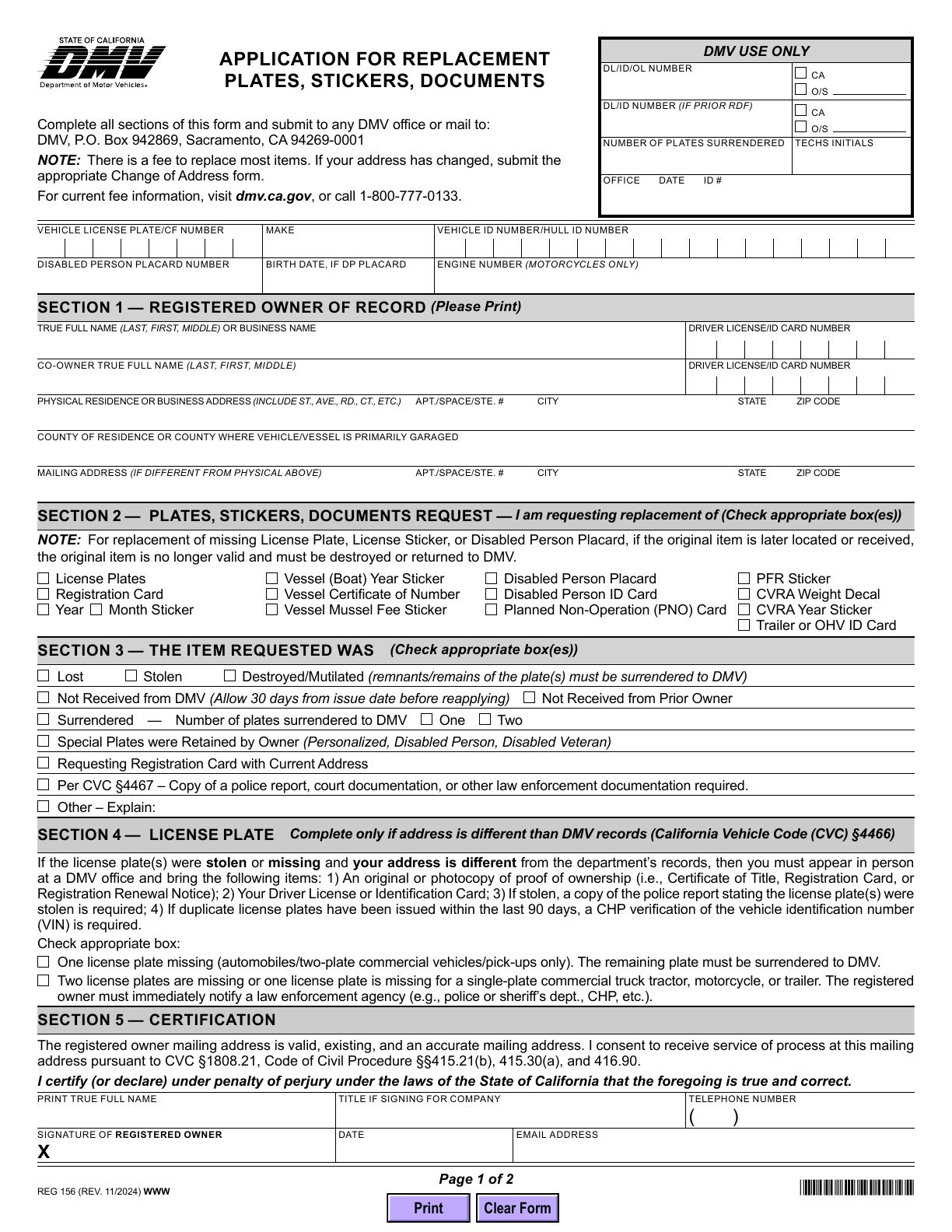 Page 1 of the official two-page California REG 156 showing owner details, replacement choices, reasons, license plate conditions and certification