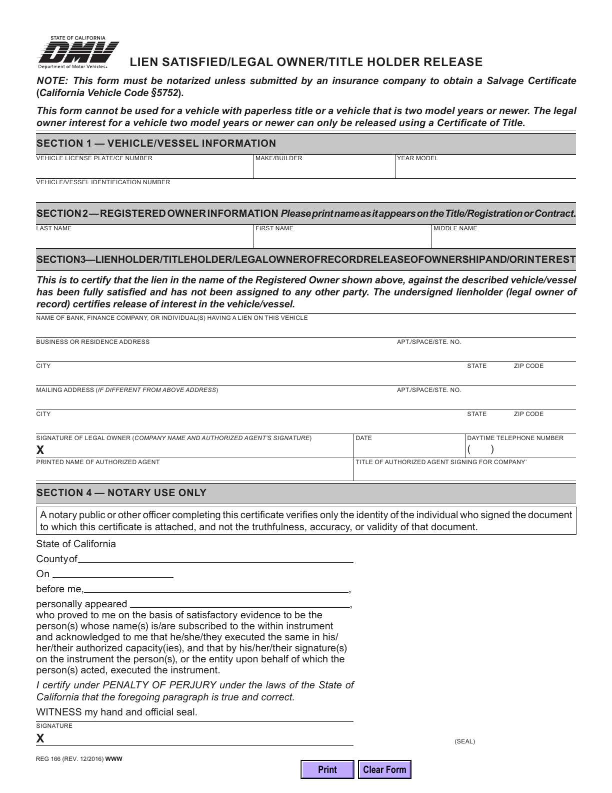 First page of the official blank REG 166 Lien Satisfied / Title Holder Release; 1 page(s) in the original PDF