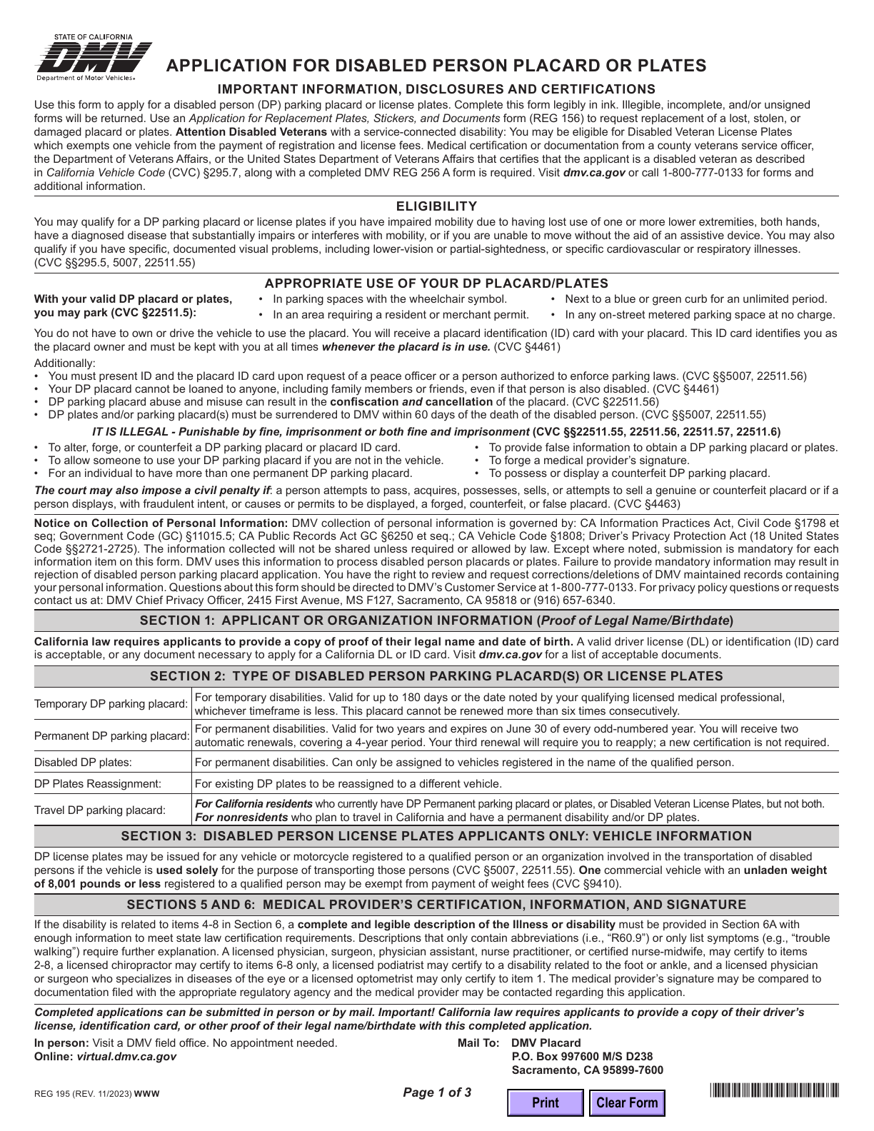 First page of the official blank REG 195 Disabled Person Placard or Plates; 3 page(s) in the original PDF