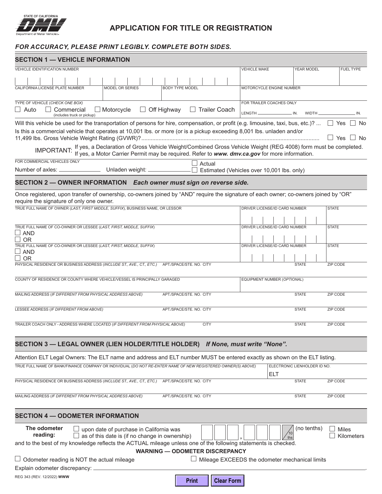 First page of the official blank REG 343 Application for Title or Registration; 2 page(s) in the original PDF