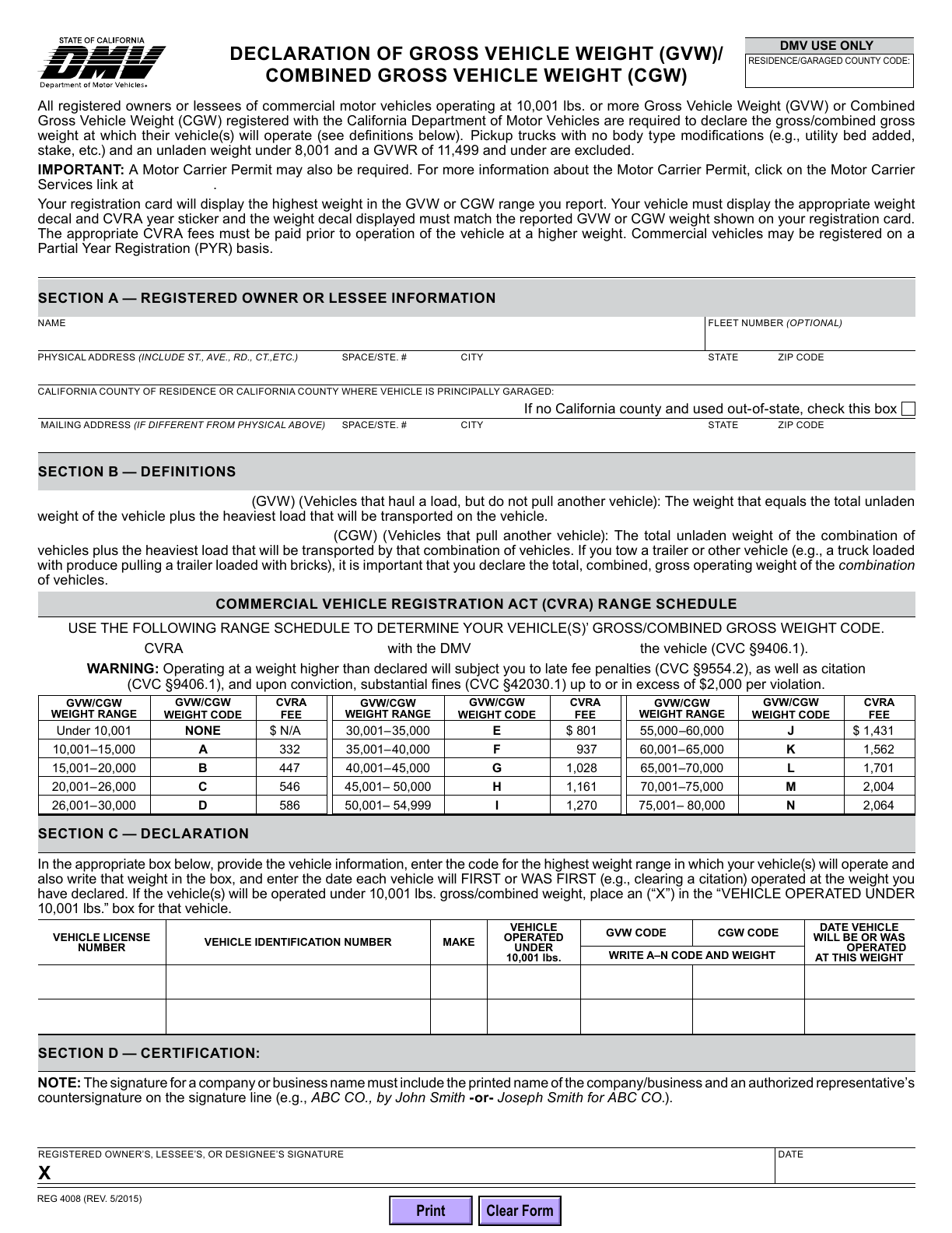 First page of the official blank REG 4008 GVW/CGW Weight Declaration; 1 page(s) in the original PDF