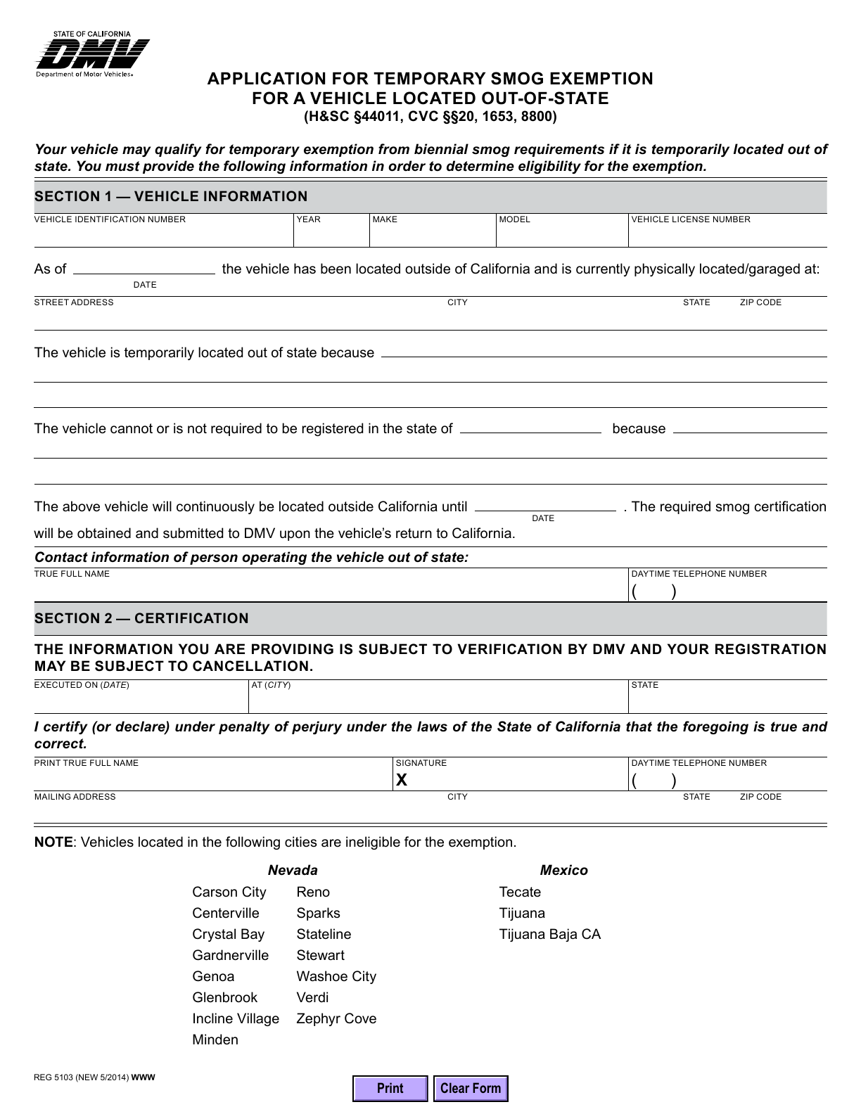 First page of the official blank REG 5103 Out-of-State Smog Exemption; 1 page(s) in the original PDF