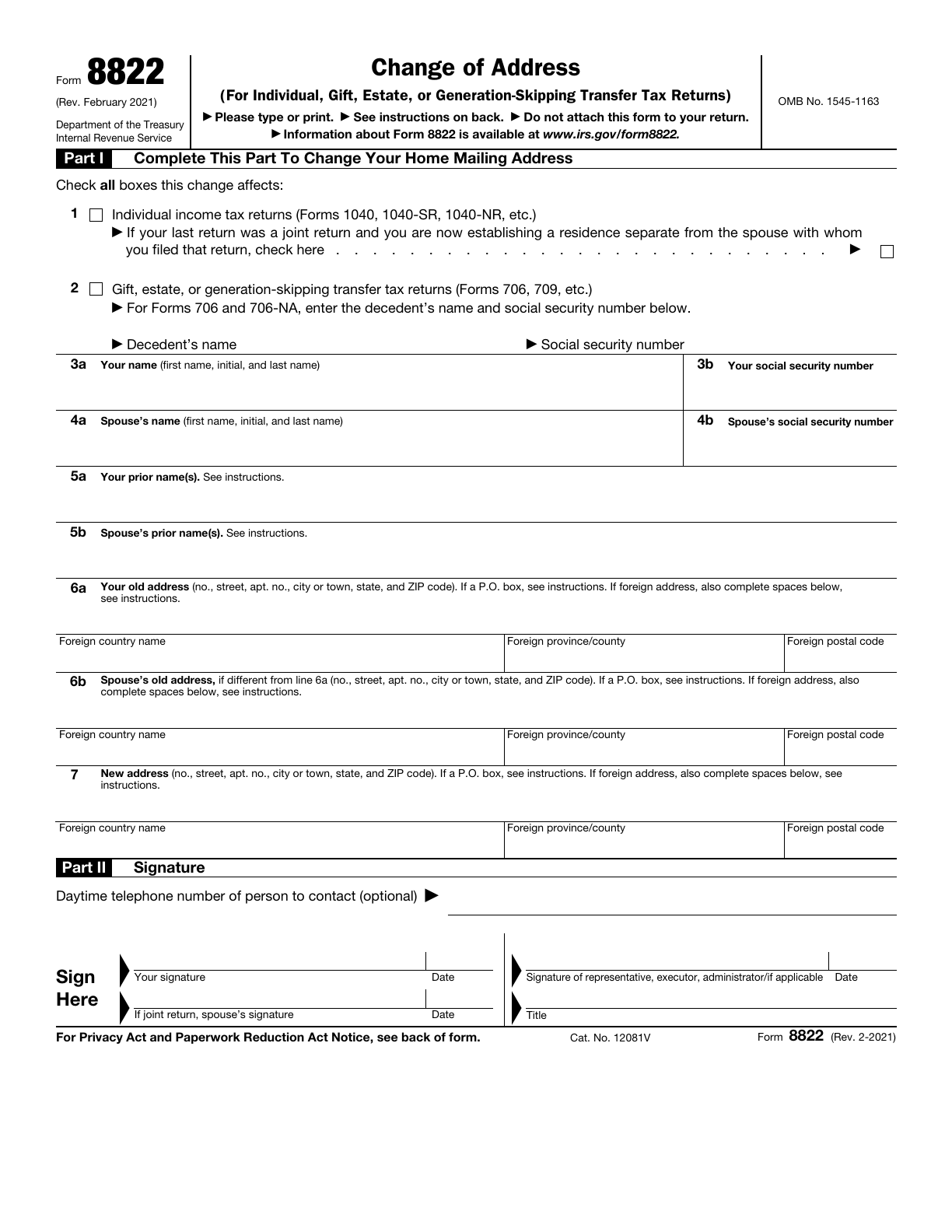 Blank first page of the two-page February 2021 IRS Form 8822 with affected returns, taxpayer and spouse details, old and new addresses, and signature lines