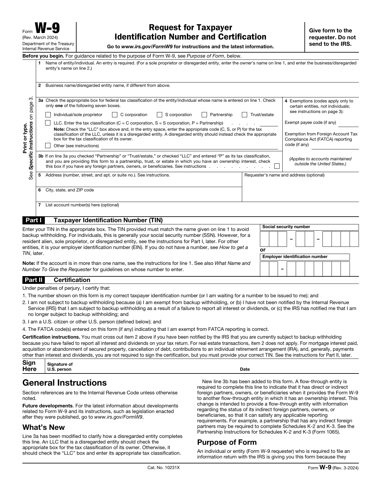 Blank first page of the six-page March 2024 IRS W-9, showing taxpayer name, classification, address, tax ID and certification