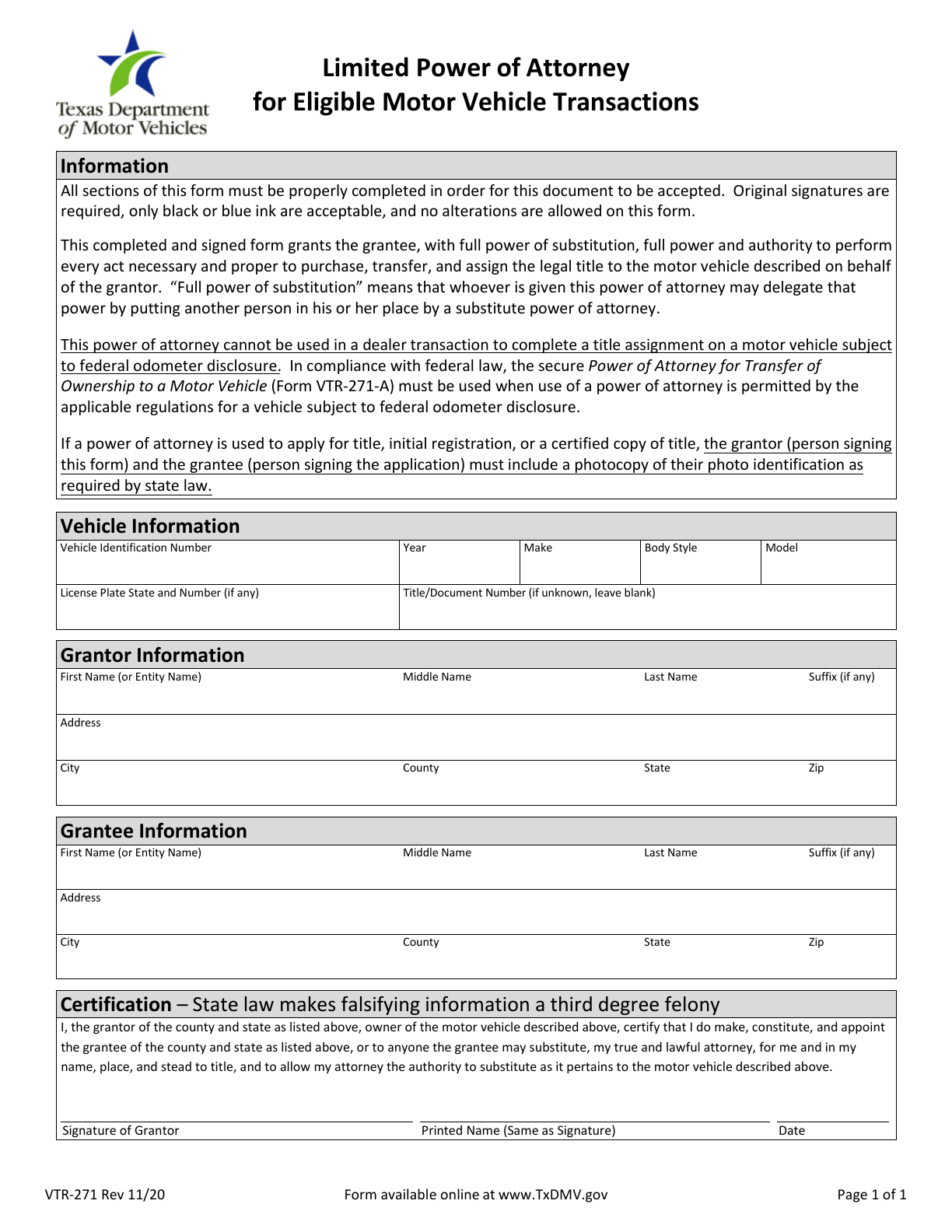 First page of the official blank Texas VTR-271 Vehicle Power of Attorney; 1 page(s) in the original PDF