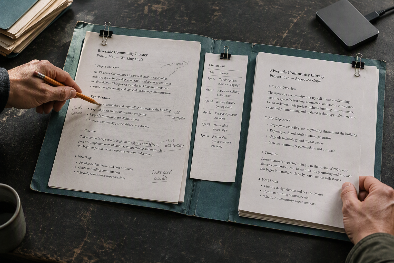 AI-generated editorial illustration: A shared project folder keeps the working copy, changes and approved version visibly connected.