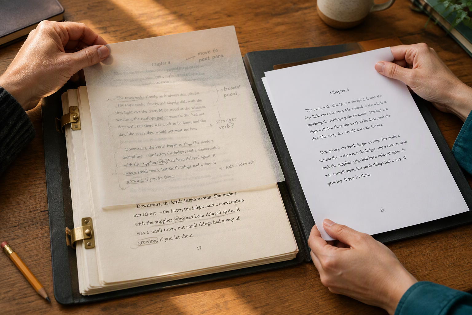 AI-generated editorial illustration: Two collaborators compare proposed edits with one shared source document.